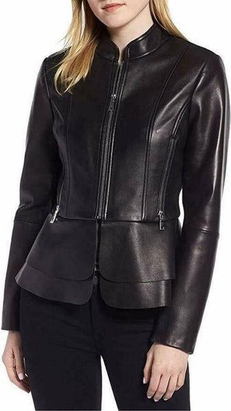 NOORA New Womens Real Soft Leather Style Peplum Designer  Biker Jacket