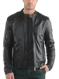 men’s simple black biker leather jacket - Noora International