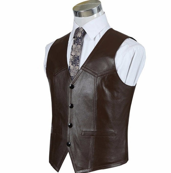 NOORA Men's Vest, Handmade Leather, Brown Genuine Leather Blazer, Men's Genuine Lambskin Leather Formal Vest, , New Custom Made Dress SB19