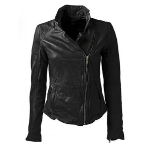 Noora Women's Black High Neck and Fitted leather jacket ST0329