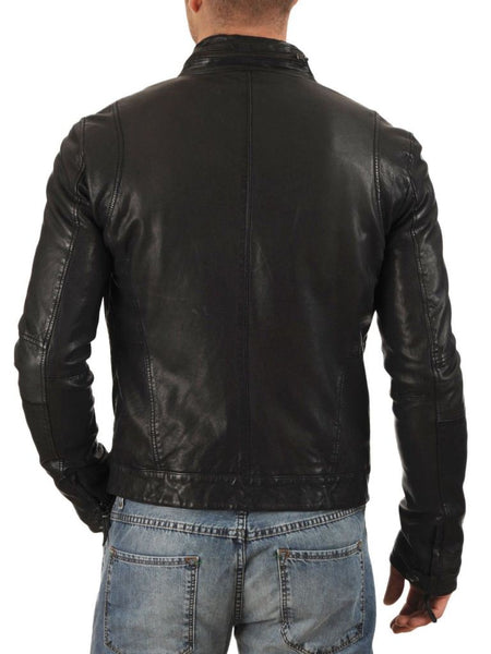 men’s black leather jacket with zipper pockets - Noora International