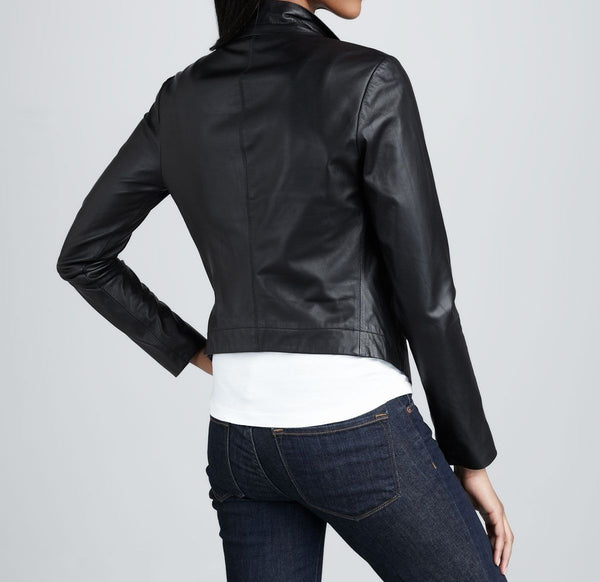 Women's Black Draped Lapel Leather Jacket ST0328