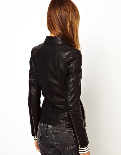 Noora Women's Doubles zipper black leather jacket , Biker Style Leather Jacket ST0312