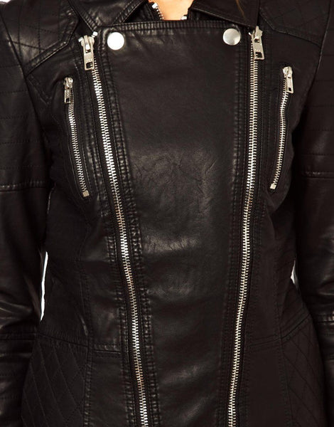 Noora Women's Doubles zipper black leather jacket , Biker Style Leather Jacket ST0312