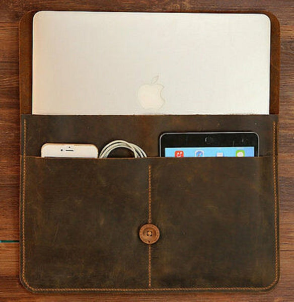NOORA New Handmade personalized BROWN MACBOOK Leather File Folder Portfolio Button Tie Closure Customised business travel organizer case #Sj