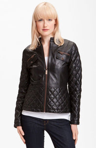 Women's Black Quilted leather jacket with Brown detailing ST0262