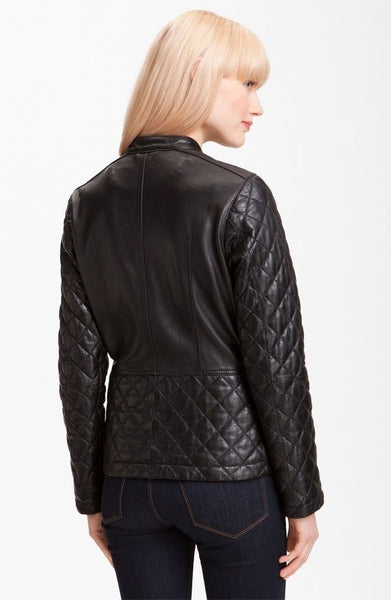 Women's Black Quilted leather jacket with Brown detailing ST0262