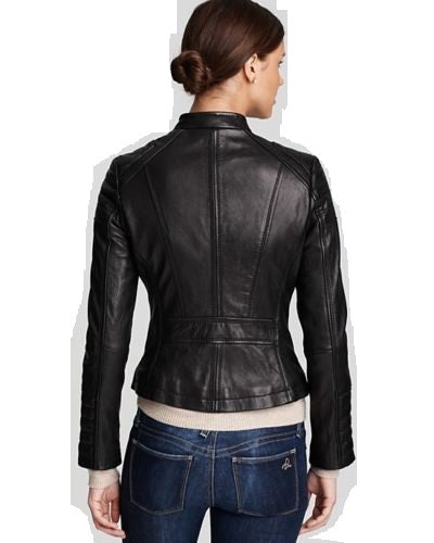 Women's black fitted detailed leather jacket ST0324