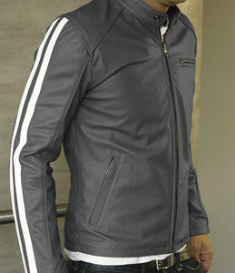 men’s light grey leather jacket with white stripes on the sleeves