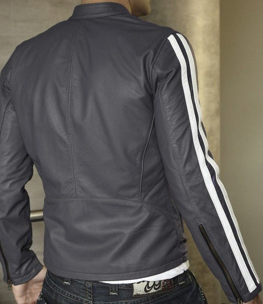 Noora Men’s Grey Lambskin Leather Jacket with White Stripes| Stylish Outwear Jacket| Clubbing & Partywear Jacket.