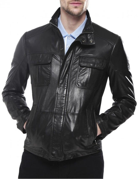 men’s formal black leather jacket with front pocket - Noora International
