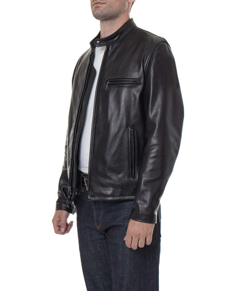 NOORA Men's Real Lambskin Black Leather Jacket With Zipper & Pocket | Band Collar Jacket |  Cafe Racer Jacket | ST0350