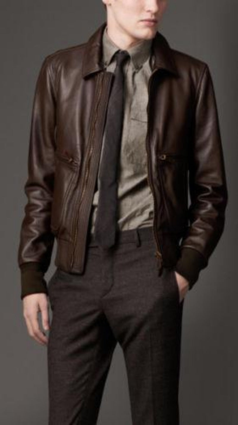 men’s brown leather jacket with simple collar - Noora International