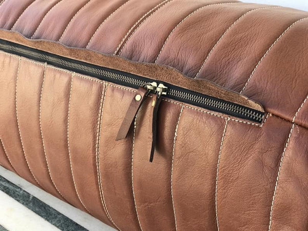 NOORA Real Geniune Lambskin Leather, Brown Round Shaped Bolster Pillow Cover,Anniversary ,Housewarming Decor, Zipper Cover
