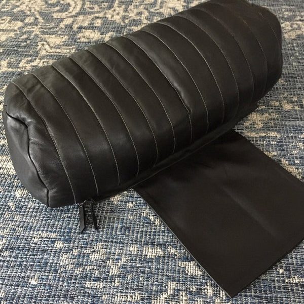 NOORA Real Geniune Lambskin Leather, Brown Round Shaped Bolster Pillow Cover,Anniversary ,Housewarming Decor, Zipper Cover