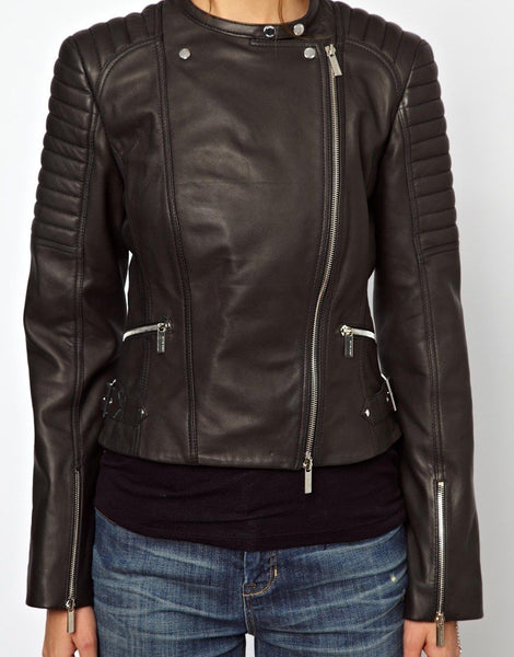 Women's Brown-Black Biker leather jacket ST0264