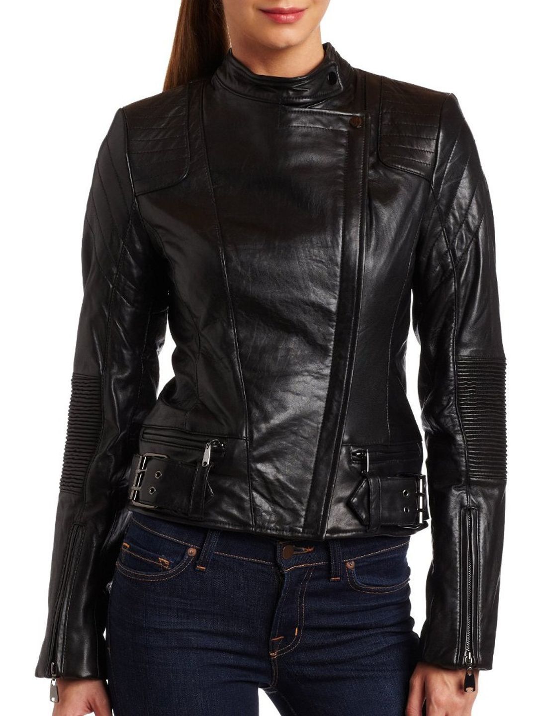 Noora Women's Lambskin Leather Jacket Slim Moto Biker Jacket Outerwear Long Sleeve Zipper Short Jacket Black ST0288