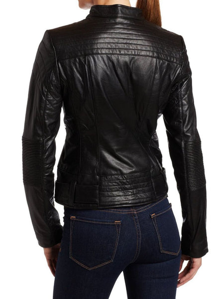 Noora Women's Lambskin Leather Jacket Slim Moto Biker Jacket Outerwear Long Sleeve Zipper Short Jacket Black ST0288