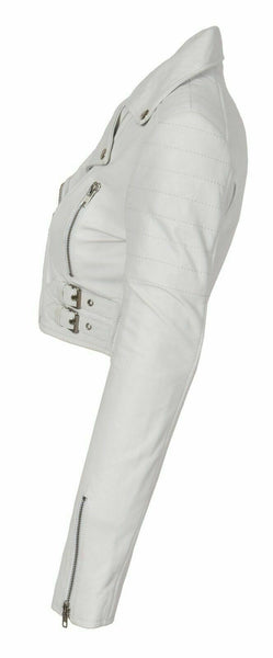 NOORA White Leather Womens Biker Jacket Short Cropped Fitted Sexy Bolero - WA499