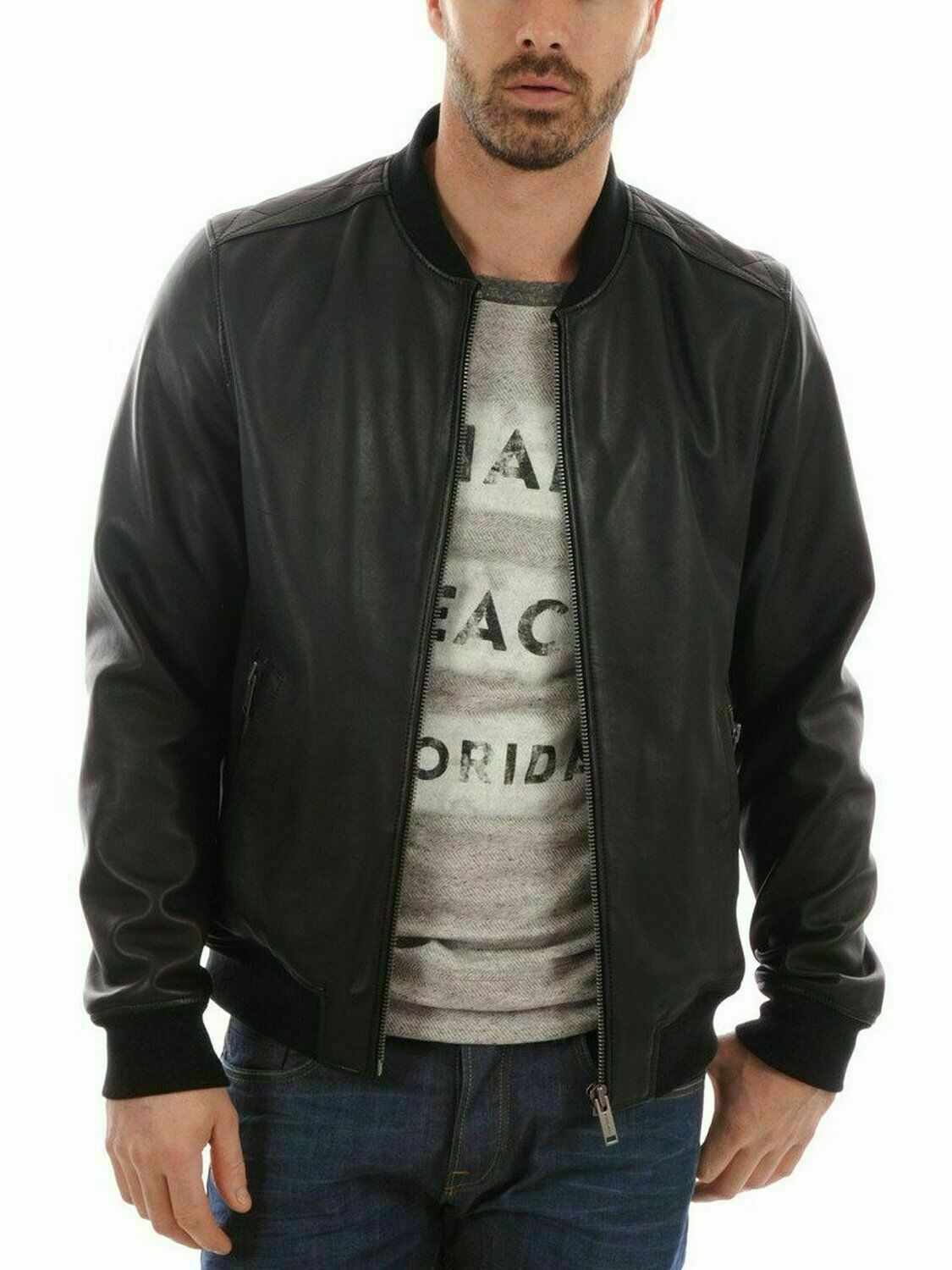 Noora New Men Quilted Leather Jacket 100% Soft Lambskin Biker Bomber # LTMJ864