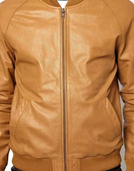 Noora Mens Tan Brown Bomber Biker Leather Jacket With Branded YKK Zipper | Western Style Cafe Racer Bomber Jacket