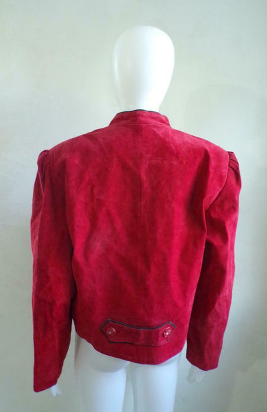 NOORA Women Red suede Jacket With Heart Pockets And Chinese Collar & Puff Sleeve