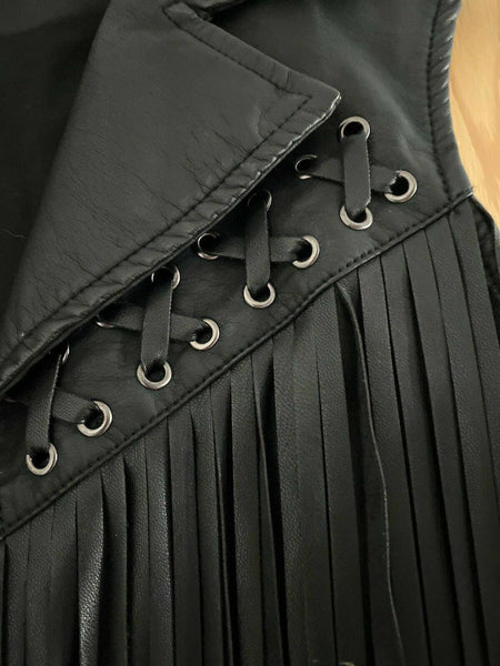 Noora NEW Gorgeous Women BLACK Leather Jacket Fringe Western Style Waist Coat