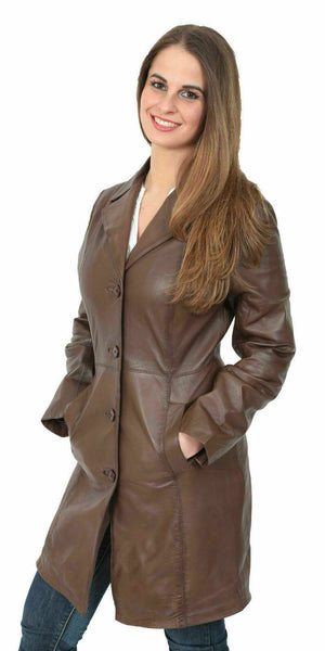 NOORA TRENCH women BROWN Mid-Length Designer Real Napa Leather Jacket Coat WA230