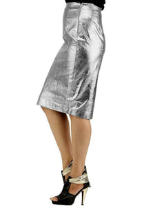 NOORA Women Leather Skirt Genuine Real Lambskin Leather Silver Knee Skirt QD829