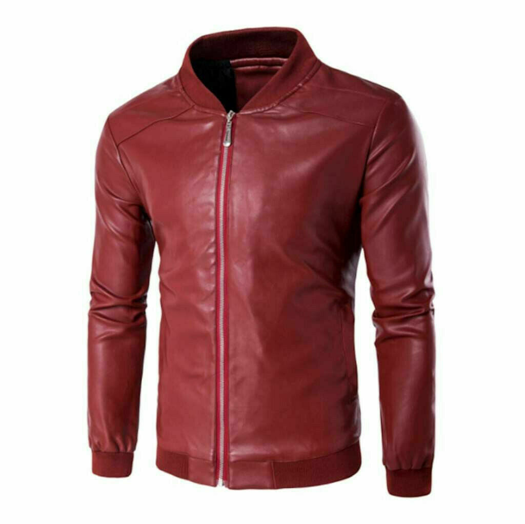 Noora Mens Maroon Bomber Biker Leather Jacket With Branded YKK Zipper | Bomber Leather Jacket | Rib Sleeves Leather Jacket  SU0119