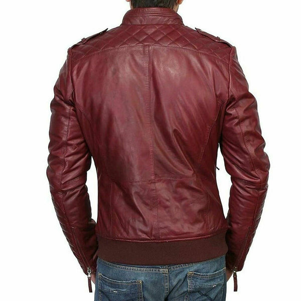 NOORA NEW Men Lambskin Leather Maroon Jacket Modern Bikers Styles Jacket QD81