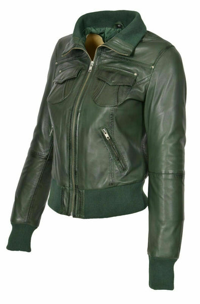NOORA Women Latest Real Leather Bomber Jacket Short Fitted Designer Zip Up WA496