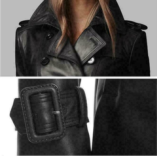 NOORA Ladies Leather Trench Coat Belt Windproof Knee Length Overcoat Jacket KN8