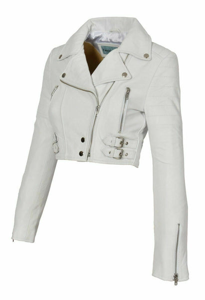 NOORA White Leather Womens Biker Jacket Short Cropped Fitted Sexy Bolero - WA499