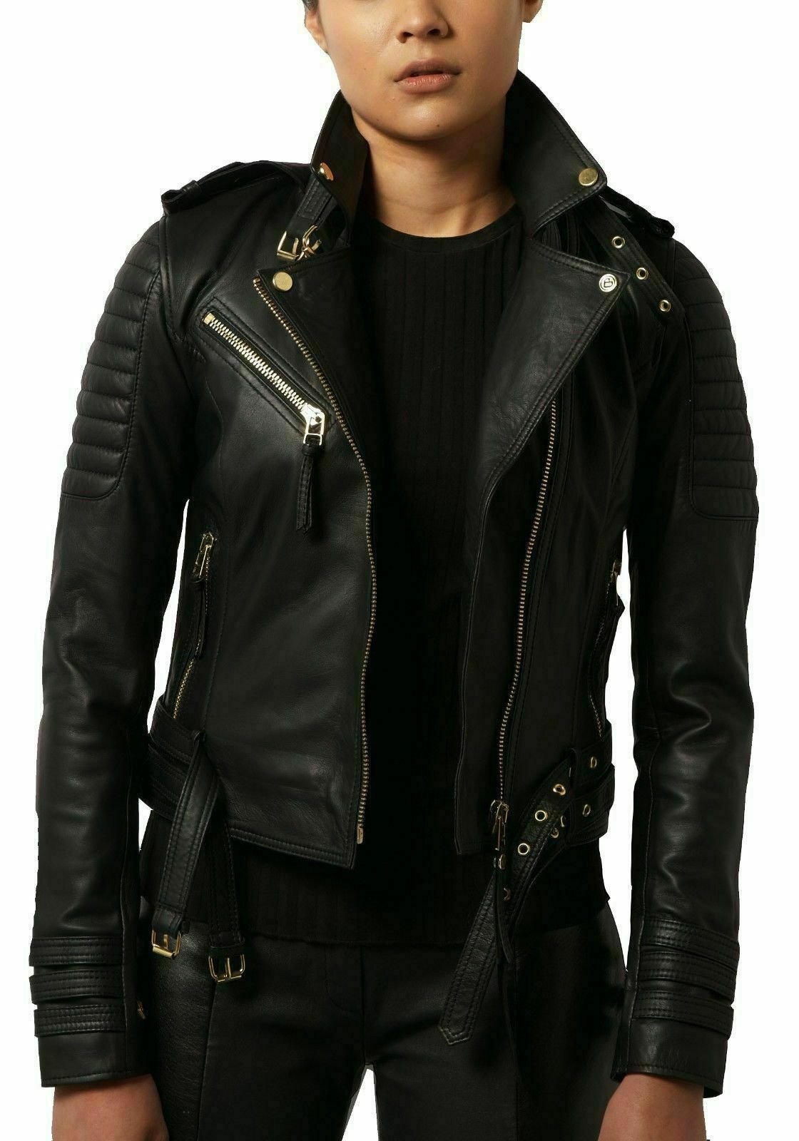 NOORA New Women Genuine Lambskin Leather Black Jacket bomber Biker Modern QD244