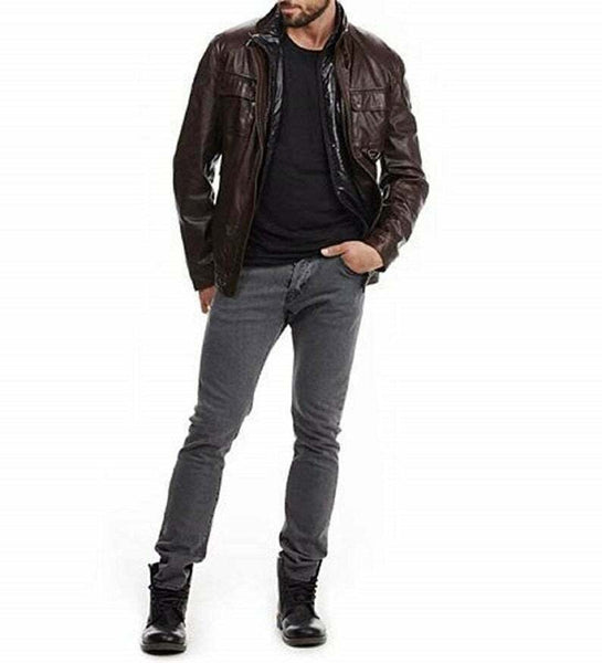 NOORA Mens Brown Leather Quilted Safari Double Collar Zipped Long Jacket QD45