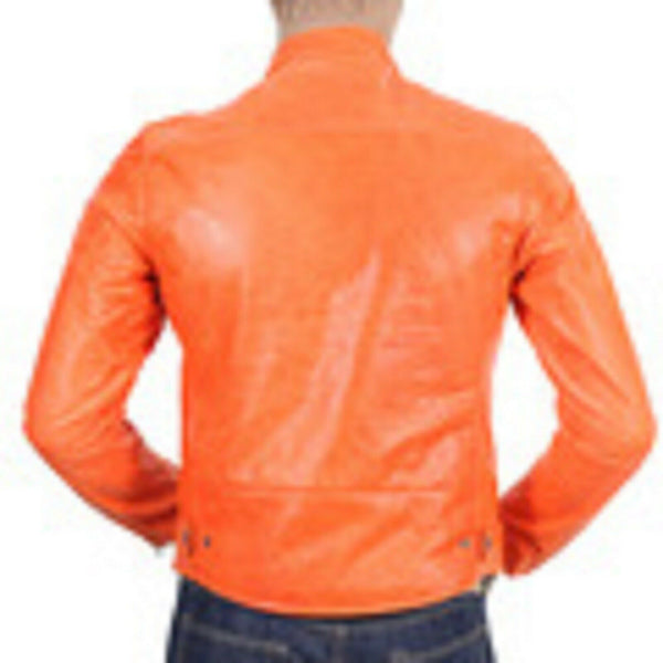 NOORA Fight Club Mens Hot ORANGE Hollywood Film Style Leather Reefer Jacket QD47