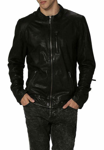 Noora New MEN'S BIKER CAFE RACER Lambskin REAL LEATHER SLIM FIT JACKET NI-25