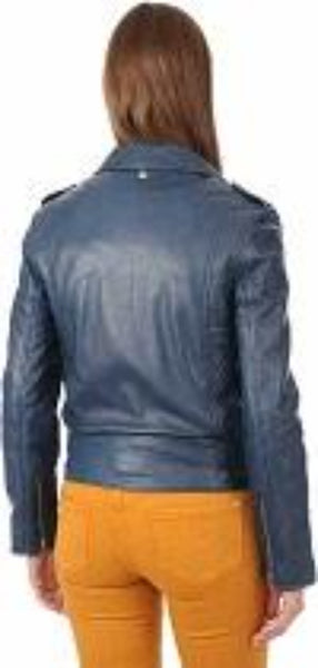 Noora Women's Blue Lambskin Leather Jacket | Biker Racer Belted Leather Jacket With Branded YKK Zipper  QD238