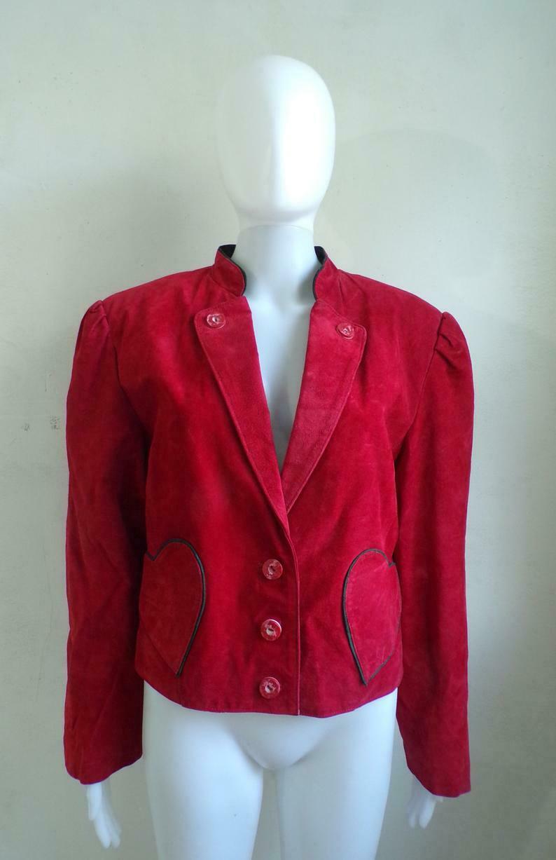 NOORA Women Red suede Jacket With Heart Pockets And Chinese Collar & Puff Sleeve