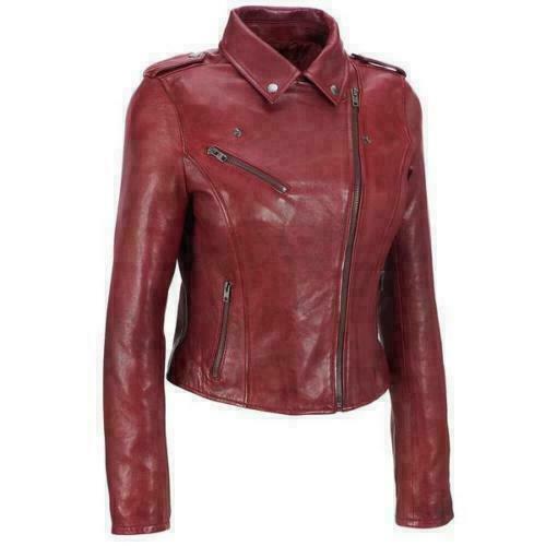 Noora Women Lambskin Red Leather Jacket Motorcycle Modern Jacket QD110