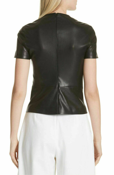 NOORA Women 100%Real Lambskin Stretch able Leather Cropped T-Shirt Slimfit WA561