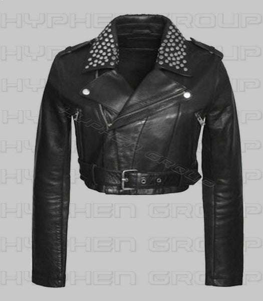 NOORA Womens Unique Punk Silver Studed Genuine Biker Short Leather jacket ST0242