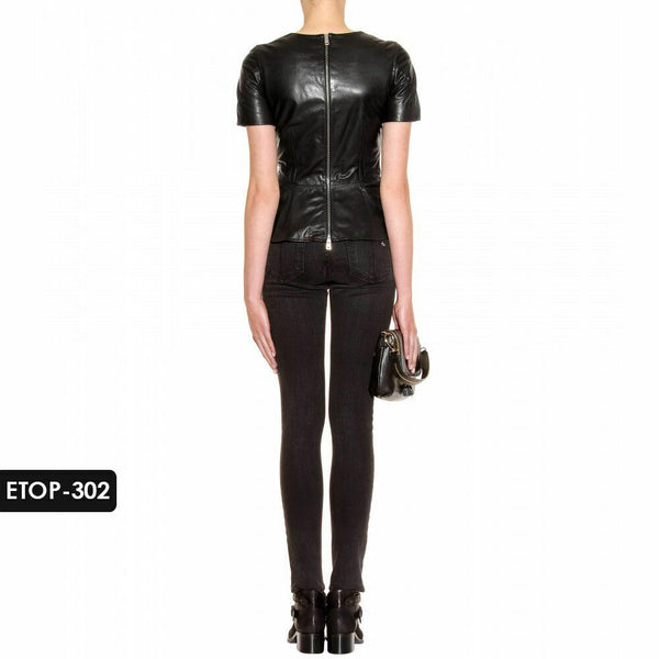 NOORA 100% Genuine Lambskin Leather HalfSleeve Cropped Sexy Top Slim-fit WA510