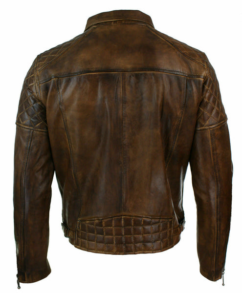 NOORA Mens Vintage Real Leather Biker Jacket Cross Zip Retro Style All Size S1