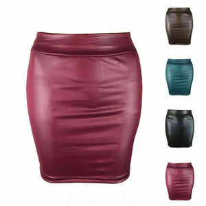 Noora Womens Ladies Black Red Wetlook Leather Look Elasticated Mini Skirts QD187