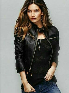 NOORA NEW Black Womens Leather Genuine Biker Motorcycle Jacket Moto Slim fit S3