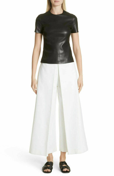 NOORA Women 100%Real Lambskin Stretch able Leather Cropped T-Shirt Slimfit WA561