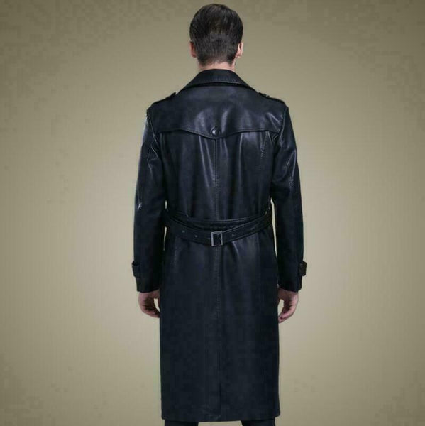NOORA MEN Size Men Black Long Trench Coat With Belt LAMBSKIN Leather Jacekt SP85