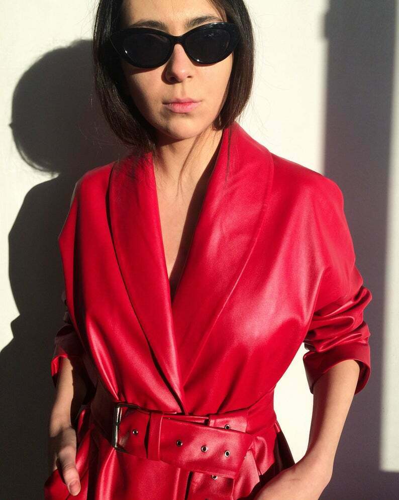 NOORA Red leather trench coat,70s leather coat, long leather coat,red Jacket